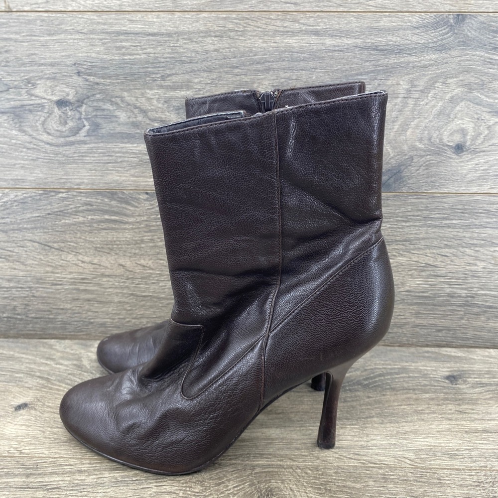 Calvin Klein Nader Ankle Boots Women 8.5 Brown Leather Stiletto Side Zip E7632